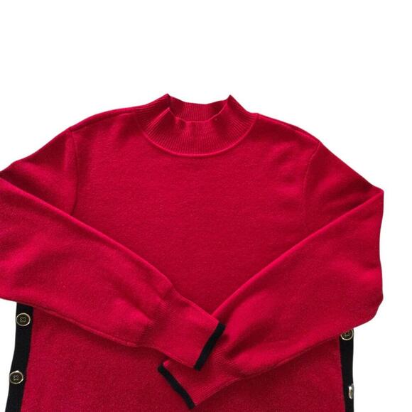 Women's Red Button-Side Sweater with Black Trim - Picture 3 of 6